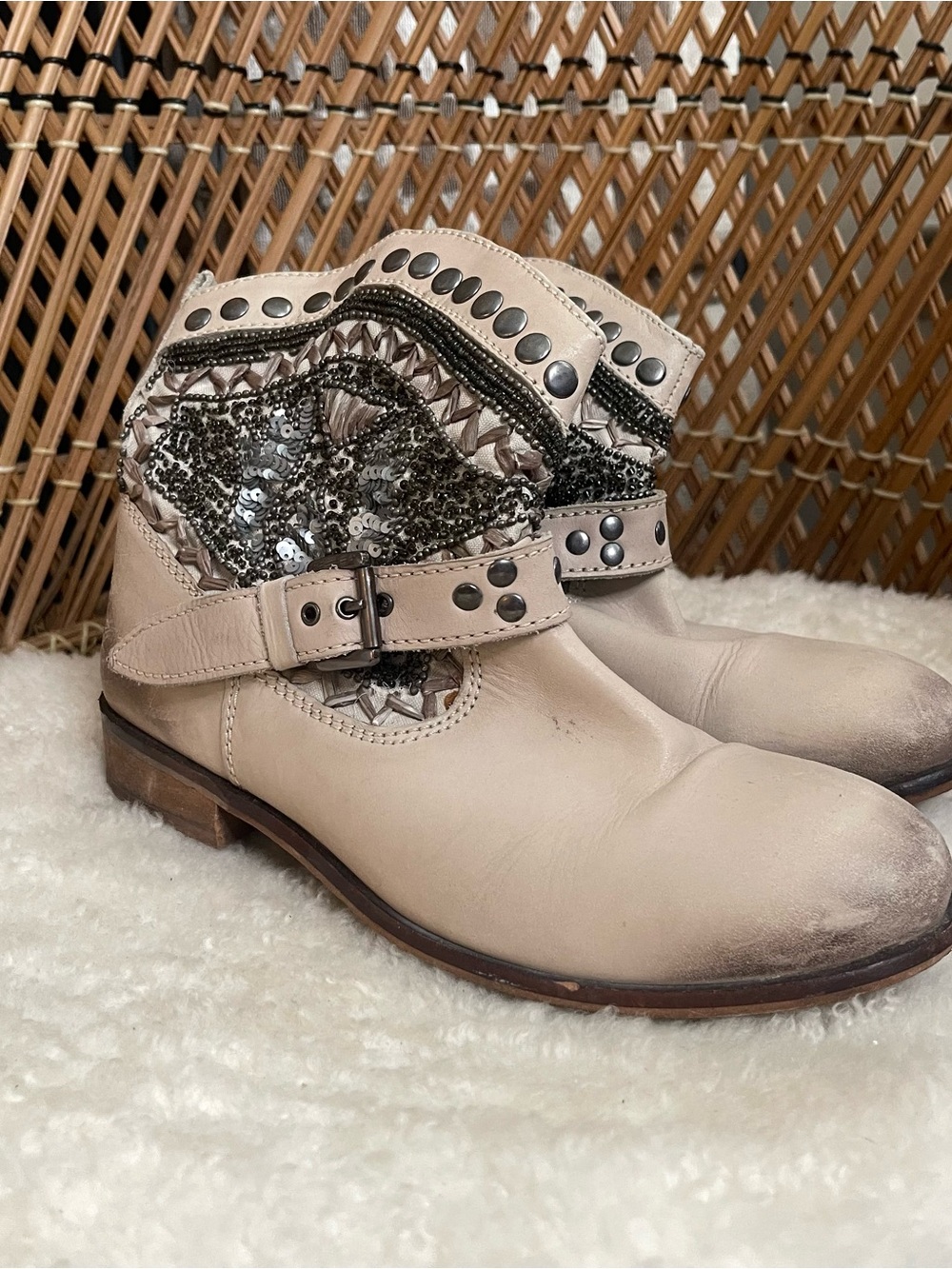 Naughty Monkey Beige Sequin & Studded Leather Ankle Boots